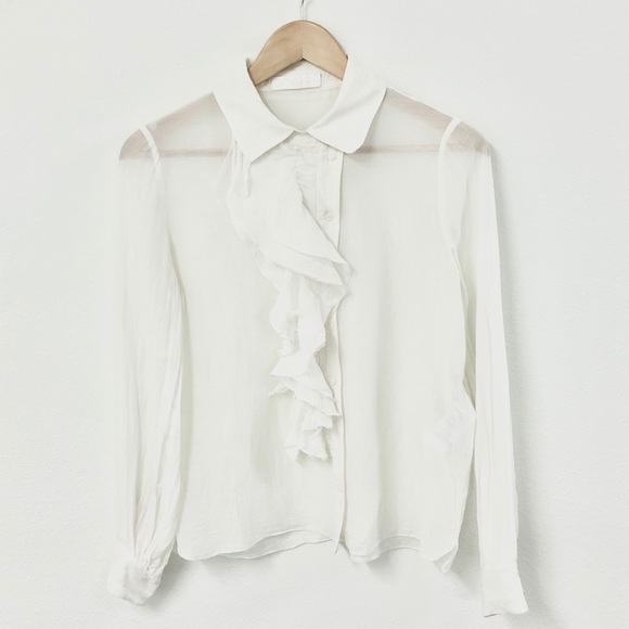 Chloe Tops - CHLOÉ Silk & Cotton Sheer Ruffle Button Up Blouse